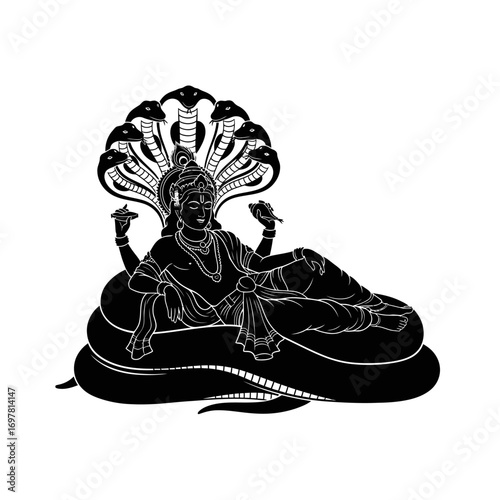 Black and white illustration of Hindu deity Vishnu reclining on the serpent Shesha, with multiple cobra heads forming a canopy.