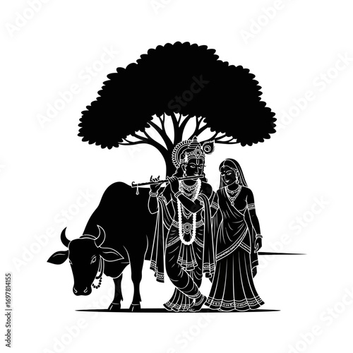 Silhouette illustration of Krishna playing flute with Radha standing beside him, a cow nearby under a tree.