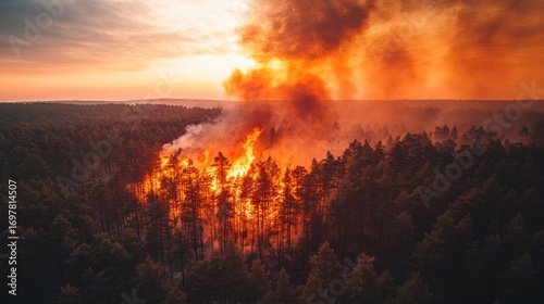 Fototapeta Naklejka Na Ścianę i Meble -  Aerial view of a raging forest fire at sunset