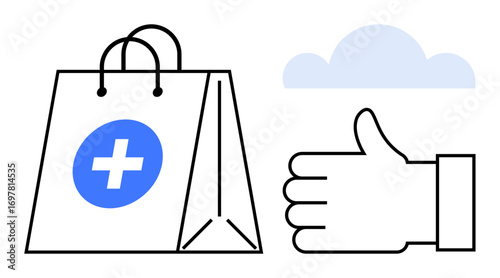 Shopping bag with medical cross, thumbs-up for approval, light cloud in background. Ideal for health, e-commerce, online shopping, reliability, customer satisfaction, healthcare simple landing page
