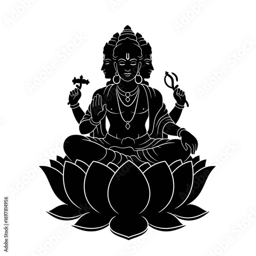 A black and white illustration of the Hindu creator god Brahma, with four heads and arms, seated on a blooming lotus flower.