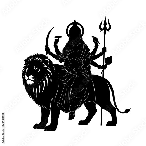 A black silhouette of the Hindu goddess Durga riding her lion mount, holding a trident and other weapons.