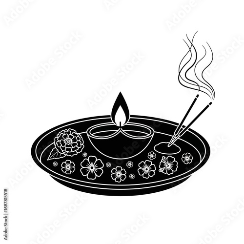 A black and white illustration of a traditional Indian puja thali with lit diya, flowers, and incense.