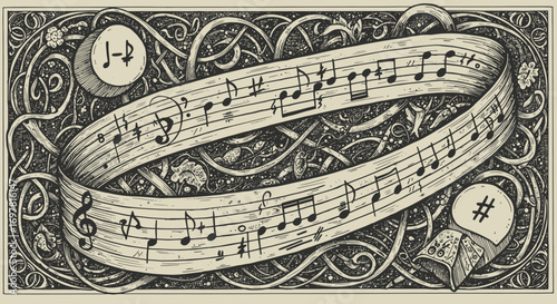 Vector Illustration of Flowing Musical Notes Sketch with G Clef