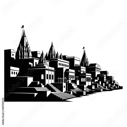 Stylized black and white illustration of a riverside city with numerous temples and ghats, showcasing intricate architectural details and a sense of spiritual grandeur.