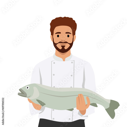 Male chef in uniform holding a large fresh fish, ready for cooking or preparation. Flat vector illustration isolated on white background