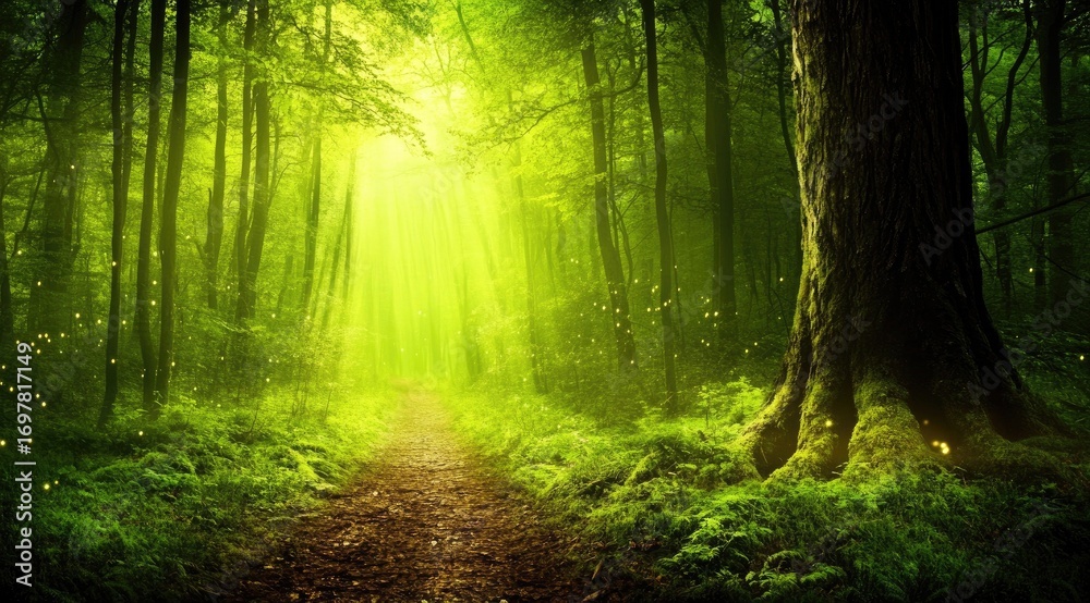 Obraz premium Enchanted forest path, sunlight filtering through trees