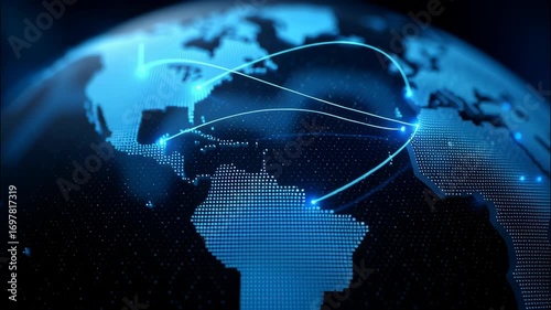 Global network connection for modern internet communication technology, exploring flow of data across world and complex challenges of cybersecurity in geopolitics