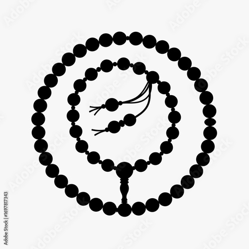 A black silhouette illustration of spiritual prayer beads, or a mala, coiled into a circular shape.