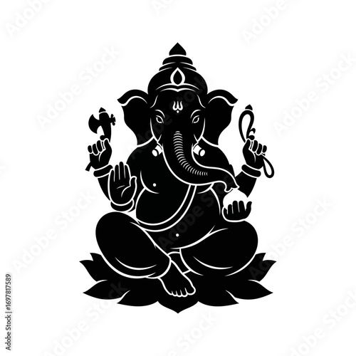 Silhouette of Lord Ganesha, the Hindu deity, seated on a lotus flower, holding symbolic objects in his four hands, representing wisdom and prosperity.