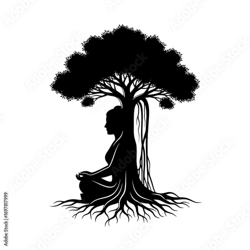A serene silhouette depicts a woman in lotus pose, deeply connected to a majestic tree with sprawling roots.