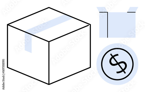 Closed box with tape, open package, and dollar sign circle depict shipping, logistics, online shopping, retail, payments, trade and fulfillment workflow. Ideal for delivery e-commerce merchandise