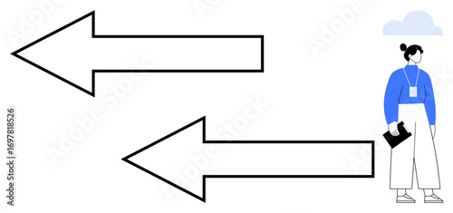 Two large arrows pointing in opposite directions near a woman with a clipboard, symbolizing choice, decision-making, and contrasting options. Ideal for business, strategy, navigation, growth