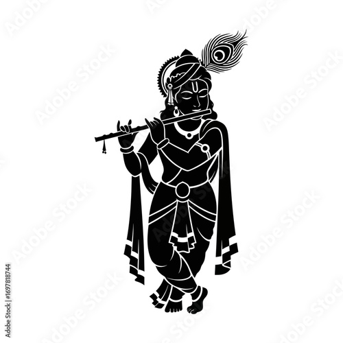 Silhouette of Krishna, a Hindu deity, playing a flute, wearing traditional attire.