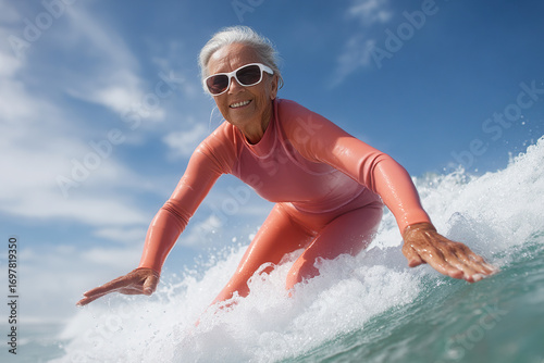 Mature woman in wetsuit enjoying surfing on a sunny day, wearing sunglasses. Showing her youthful spirit and enjoying a life of adventure.