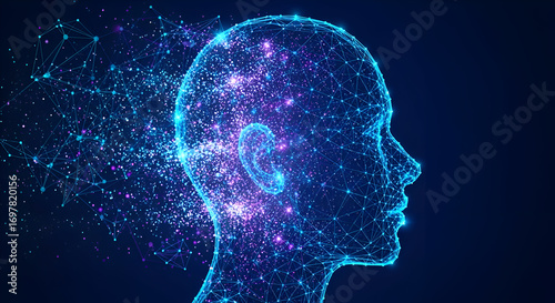 Stunning digital representation of a human head formed by glowing blue neural network particles and constellations against a dark background symbolizing AI and consciousness