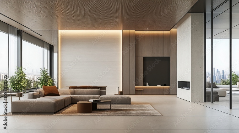 Fototapeta premium Luxurious minimalist apartment exudes modern elegance and tranquility in a serene urban setting