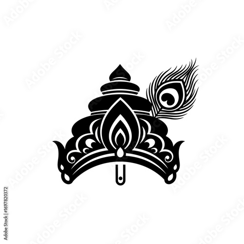 A black silhouette of Lord Krishna's ornate mukut crown, decorated with a single, elegant peacock feather.