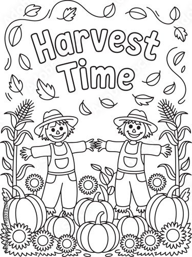 Black and white harvest shows two scarecrows with pumpkins and sunflowers