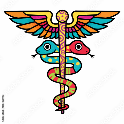 Colorful Caduceus Icon, Flat Vector Art with Snakes and Wings