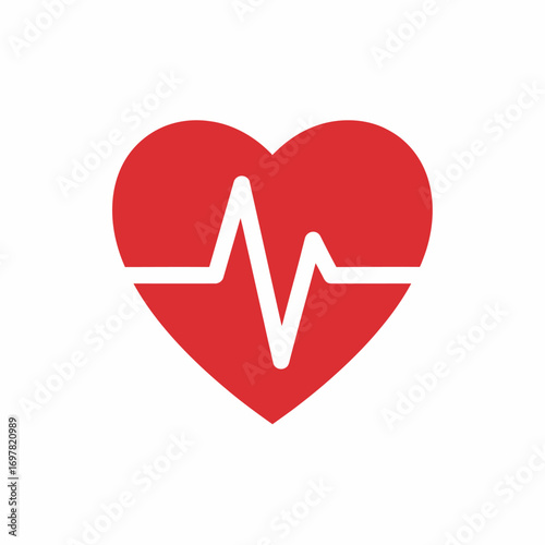 Red heart with heartbeat line icon, flat style for medical apps, line illustration