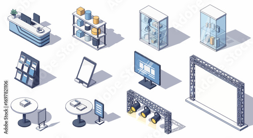 Isometric icon set of store fixtures and exhibit equipment: counters, displays, shelving, screens, lighting - flat design elements