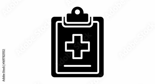Black and white clipboard flat icon with a health cross symbol for medical records in line art style.