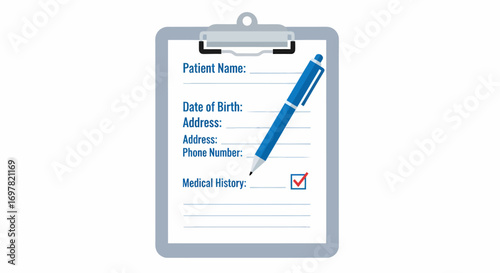 Flat icon: Blue pen marks patient medical history checklist on clipboard form