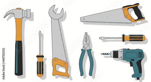 An illustration of various hand tools, including a hammer, wrenches, saws, screwdrivers, pliers, and a drill, arranged on a white background.