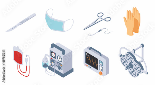 Isometric medical device icon set: Scalpel, mask, clamp, gloves, blood bag, ventilator, ECG monitor, surgical lights - flat vector