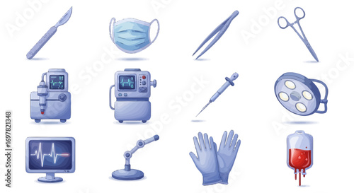 Isometric surgical tool icon set: flat vector illustration of medical equipment and instruments for operation room