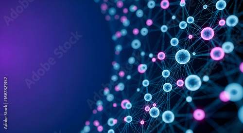 Stunning abstract network of glowing spheres and lines, representing interconnected data, technology, and modern digital concepts with vibrant blue and pink hues on a dark background.