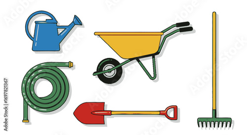 Illustration depicting a watering can, wheelbarrow, garden hose, shovel, and rake, all essential tools for gardening and landscaping.