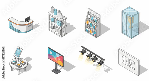 Isometric icon set: Retail store furniture and equipment, flat style illustration