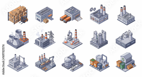 Isometric icon set of factory and industry buildings: flat vector illustration.