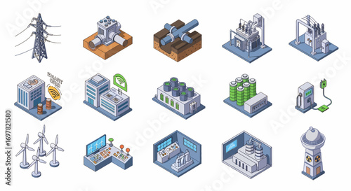 Isometric flat icon set of power and energy infrastructure, distribution and industrial energy generation facilities