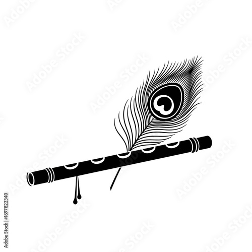 A black and white illustration of a flute with a peacock feather resting on top, isolated on a white background.