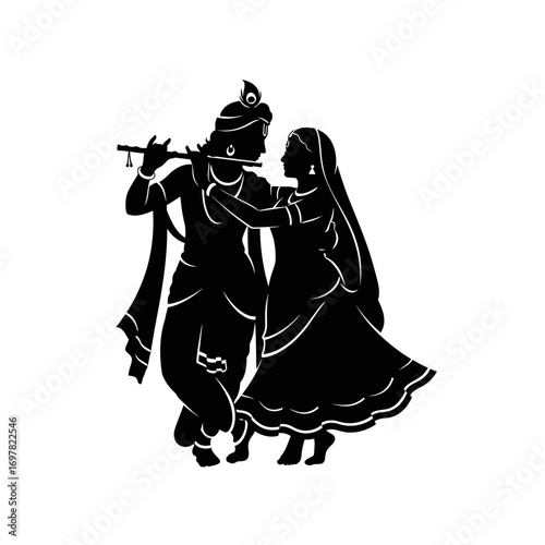 Silhouette of Krishna playing the flute while Radha stands beside him, embracing him with her arm.
