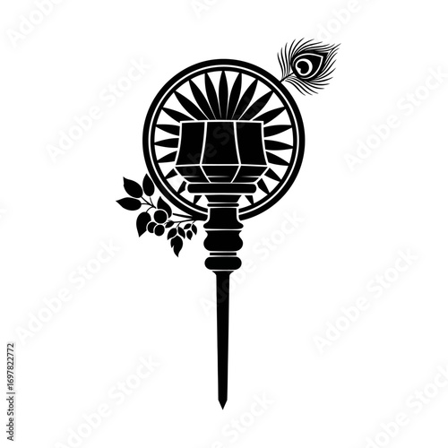 Silhouette of a sacred Hindu ceremonial lamp, adorned with peacock feather and floral elements.