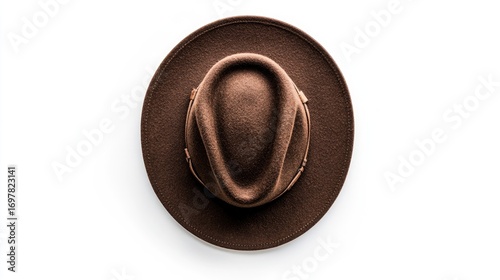 A brown fedora hat, top-down view