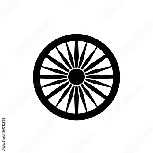 A black and white stylized Dharmachakra, a wheel with spokes, representing Buddhism.