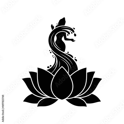 A graceful black silhouette of a water goddess or nymph rising from a blooming lotus flower.