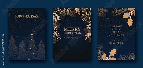 Merry Christmas and Happy New Year. Luxury greeting card or invitation template with golden Christmas tree and holly on blue background.