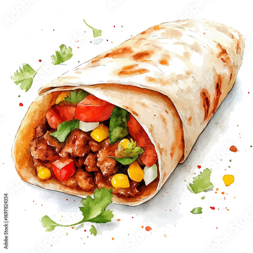 Burrito, watercolor illustration vector, isolated on a white background.