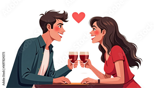 Young couple, romantic mood, clinking glasses of wine, at a table with a heart in the background