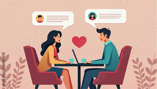 Two people in a pleasant mood are chatting with hearts and cups on a table in a cafe