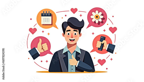 Young man, confident mood, sharing dating tips with icons of hearts, flowers, and thumbs up around him