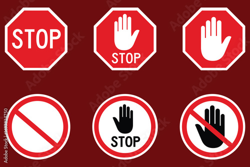 Stop sign icon set - Hand stop icon vector, Red Stop and Prohibition Traffic Signs Collection – Road Safety Symbols Set