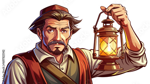 Close-up portrait of male lantern maker holding a handmade lantern. Isolated white background emphasizes creativity, history, and light craft.