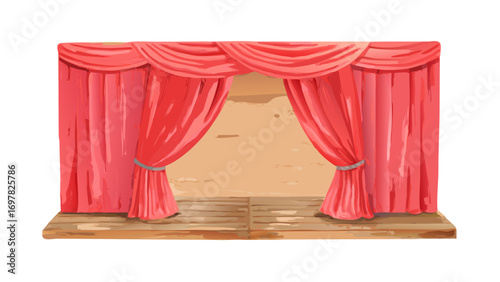 Vector illustration of red velvet curtains with a wooden stage background, symbolizing theater, drama, and cultural performances. Perfect for entertainment and artistic design
